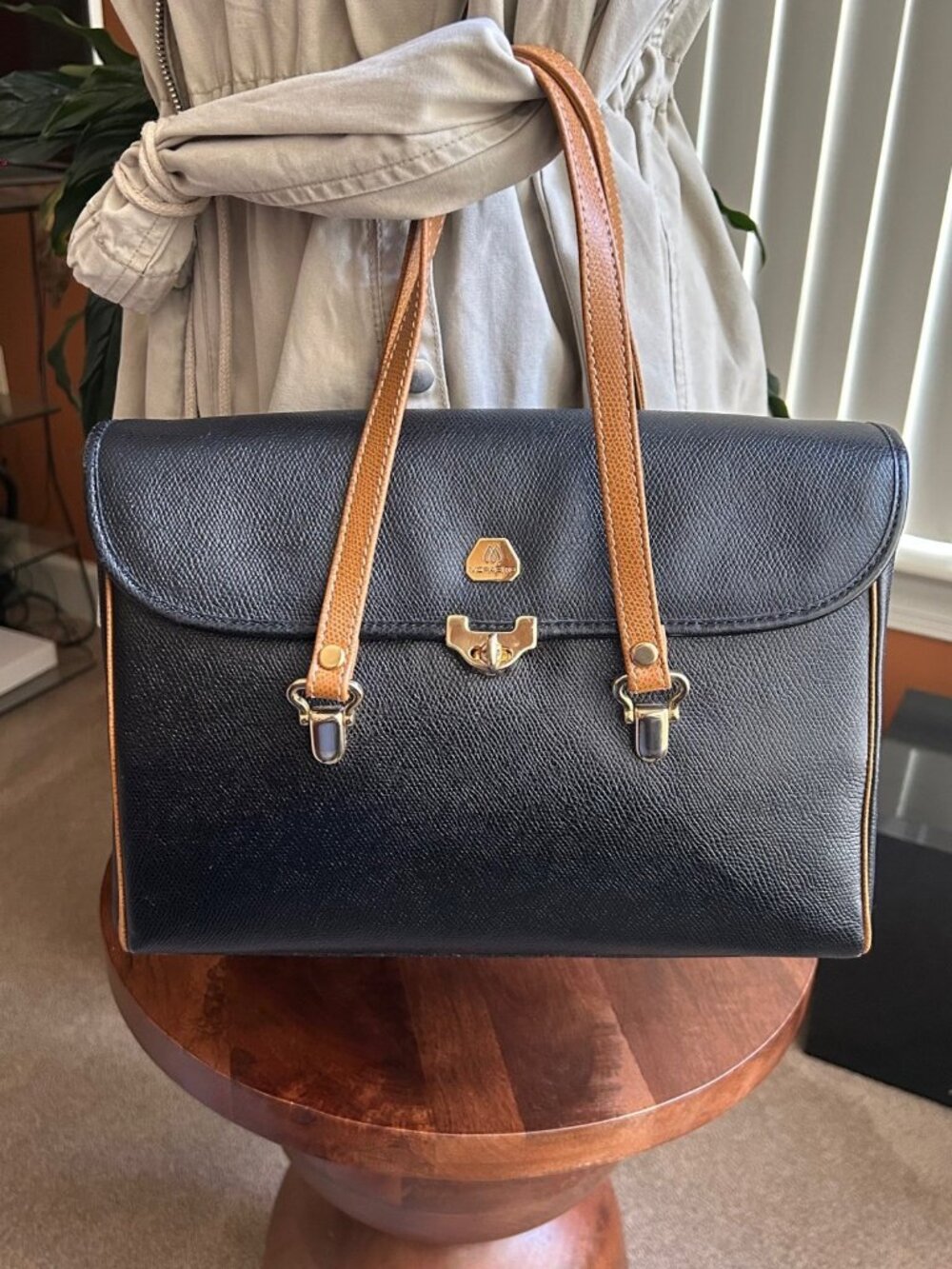 MORABITO Leather Flap Satchel Bag, Black and Camel Tan